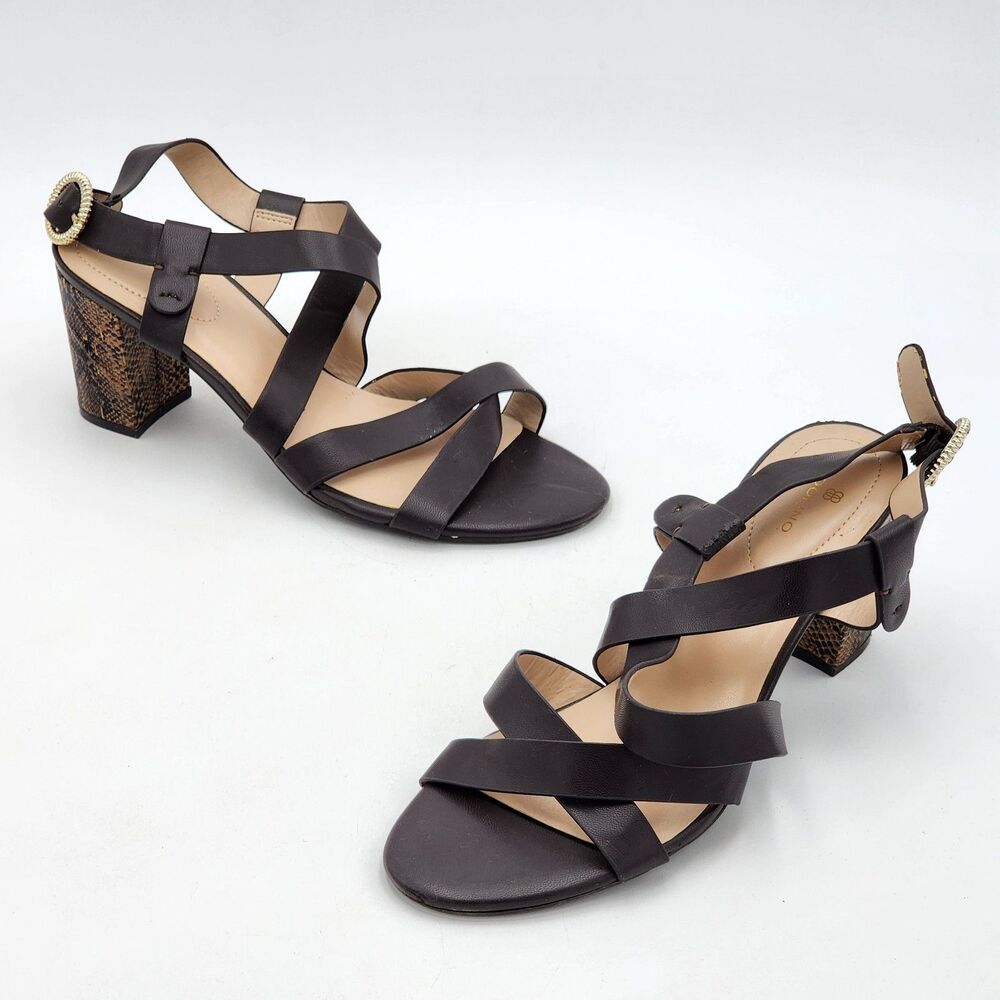 Bandolino Desty Strappy Snakeskin Print Block Heel Sandals Brown Size 10